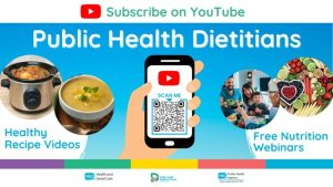 Image with text and QR code. Image includes pictures of food and people.