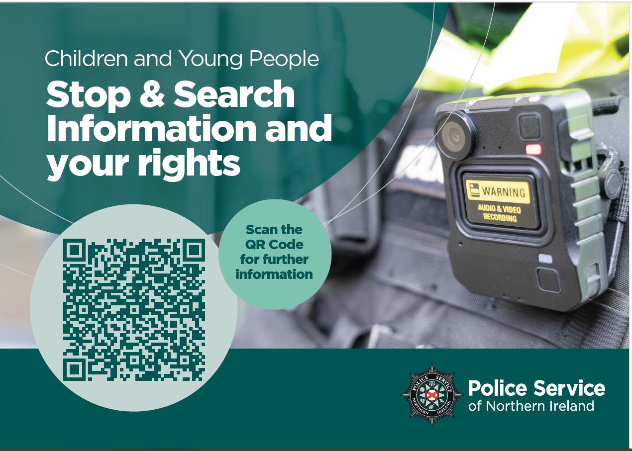 Front cover of leaflet - children and Young People Stop & Search information and your rights includes a QR code and picture of inside police car - also includes PSNI logo