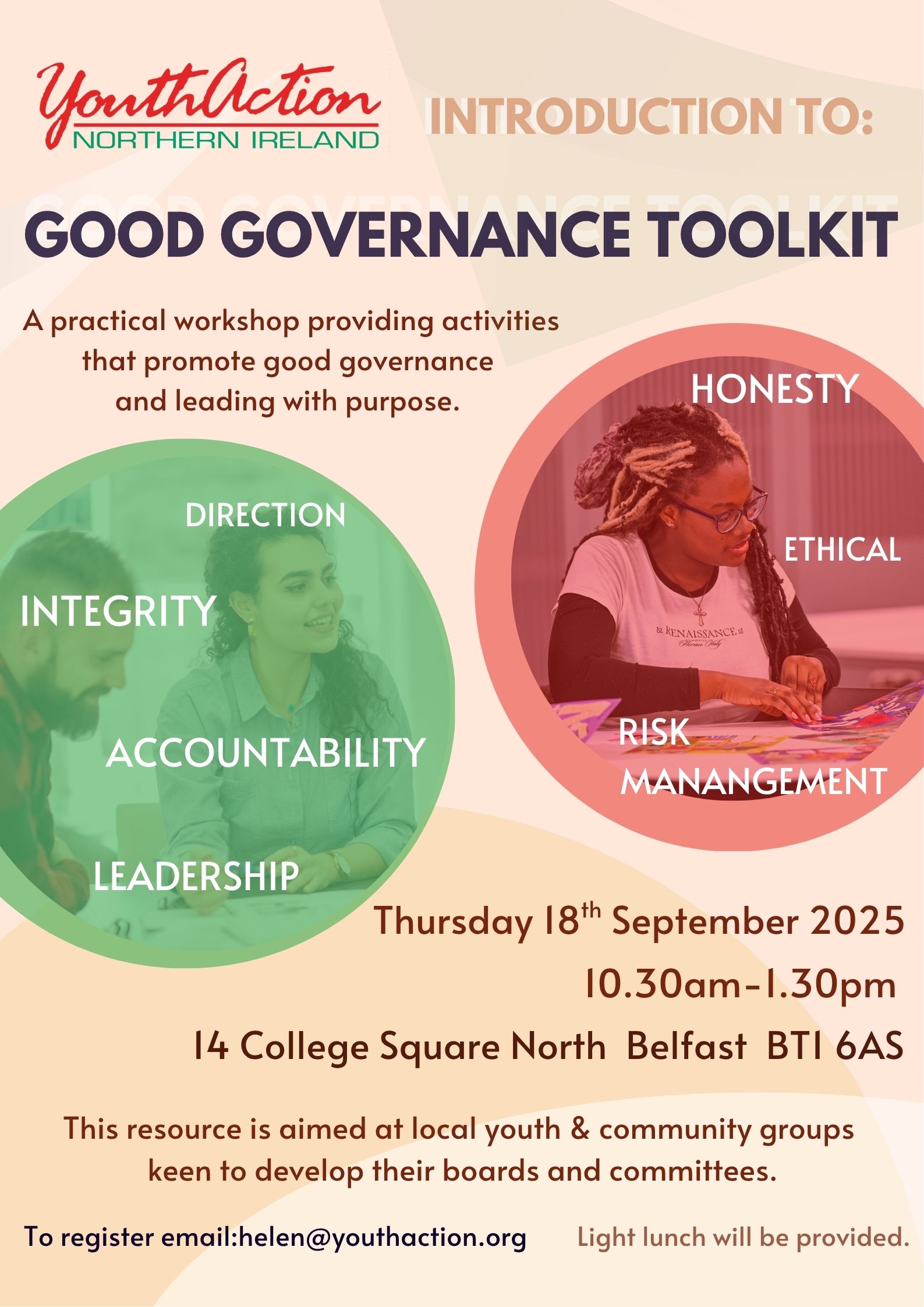 A flyer for an event titled 'Introduction to: Good Governance Toolkit' organized by YouthAction Northern Ireland. The workshop promotes good governance and purposeful leadership through practical activities.