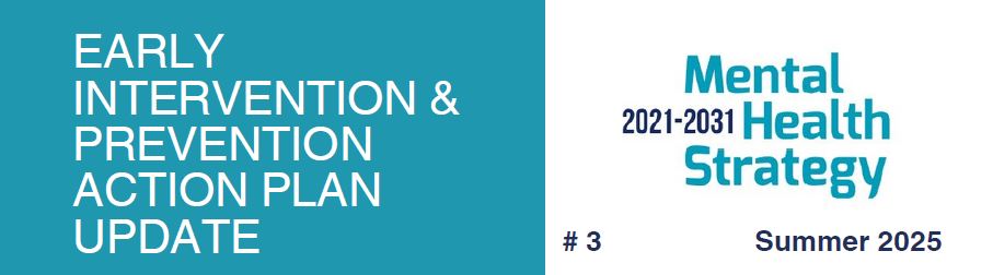 Split image with two sections: Left side has a teal background with white text reading 'EARLY INTERVENTION & PREVENTION ACTION PLAN UPDATE.' Right side has a white background with blue and black text reading 'Mental Health Strategy 2021–2031' at the top, '#3' on the left, and 'Summer 2025' on the right.