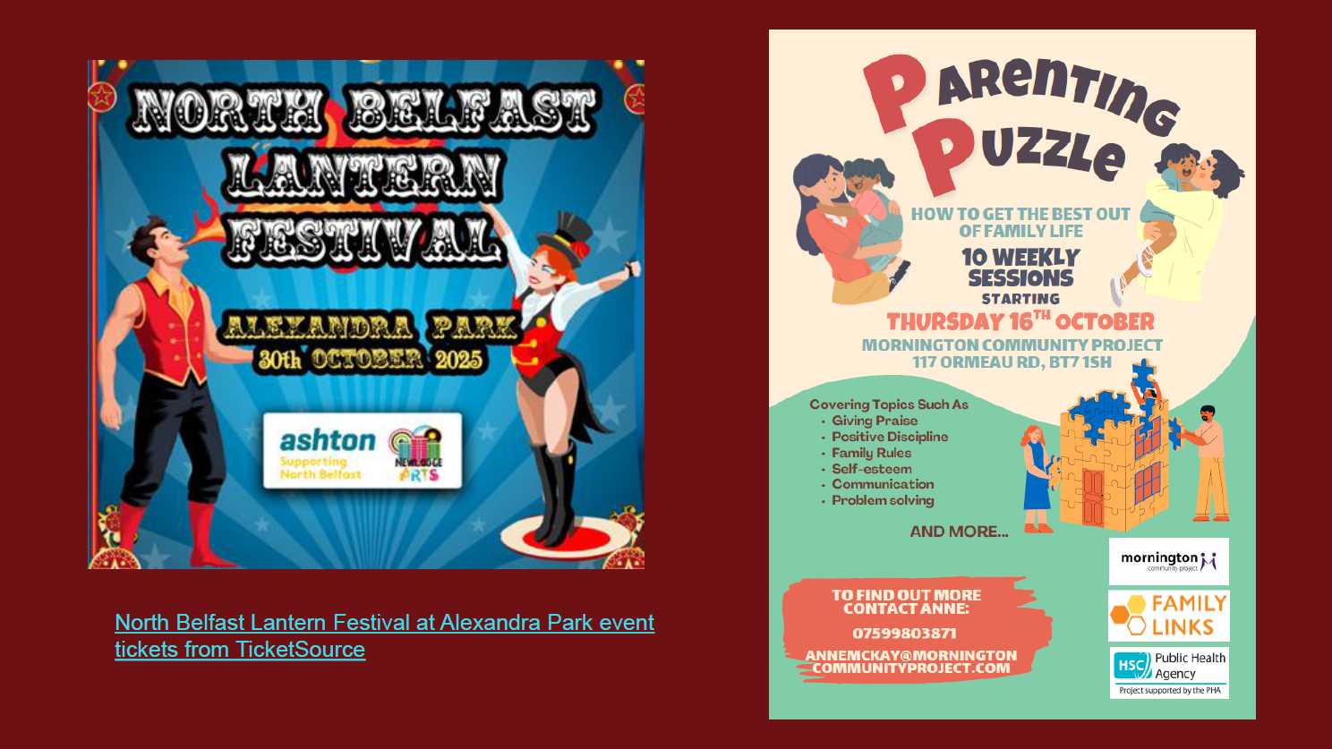 Two community event posters side by side. The left poster promotes the 'North Belfast Lantern Festival' at Alexandra Park on 30th October 2023, with a circus-themed design featuring a ringmaster and performer, and the Ashton Community Trust logo. The right poster advertises 'Parenting Puzzle,' a series of 10 weekly sessions starting Thursday, 16th October at Mornington Community Project, covering topics like praise, discipline, and communication. Contact details for Anne McKay are included