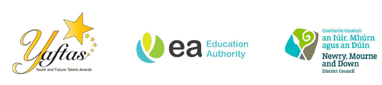 A banner featuring three logos. On the left, the YAFTAs logo with a large gold star and smaller stars, and the text “YAFTAs” in elegant script, followed by “Youth and Future Talent Awards” in smaller print. In the center, the Education Authority logo with a green and blue abstract shape and the text “ea Education Authority.” On the right, the Newry, Mourne and Down District Council logo with a green and blue design and text in both Irish and English: “Comhairle Ceantair an Iúir, Mhúrn agus an Dúin” and “Newry, Mourne and Down District Council.”