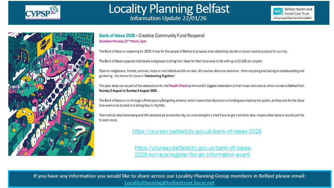 A newsletter titled “Locality Planning Belfast – Information Update 22/01/26” from CYPSP and the Belfast Health and Social Care Trust. On the left is a colourful illustrated poster showing a lively urban street scene with people, bright neon-style signs, and large text reading “Bank of Ideas 2026.” On the right is information about the reopening of the Bank of Ideas 2026 – Creative Community Fund, including the deadline (Monday 23rd March, 5pm), a description of the programme, details about participatory budgeting, and links to apply or register for an information event. At the bottom is a blue banner encouraging readers to share information with the Belfast Locality Planning Group via email