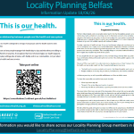Promotional poster titled “Locality Planning Belfast – Information Update 18/06/26” with logos for CYPSP and Belfast Health and Social Care Trust. The poster centres on the message “This is our health.” It explains a new approach to health and care focusing on people managing their health in everyday life. A QR code and web link invite people to take part online. A detailed programme summary on the right outlines aims to strengthen community involvement, reduce pressure on services, and gather public feedback across Northern Ireland. Contact information and an email address for the Belfast Locality Planning Group appear at the bottom.