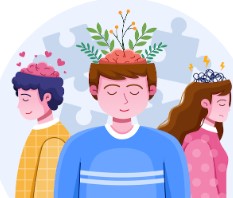 Illustration of three people representing different aspects of mental wellbeing. A central figure in a blue sweater stands with eyes closed and an open head filled with a brain, green leaves, and small orange flowers, symbolizing growth and mindfulness. To the left, a person with an exposed brain is surrounded by pink hearts. To the right, a person with scribbled lines and lightning bolts above an open head suggests stress or mental overload. Large puzzle pieces form the background, reinforcing the theme of mental health and emotional balance.