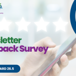 Promotional graphic for the CYPSP (Children & Young People’s Strategic Partnership) Newsletter Feedback Survey 2026. The design features a blurred background image of a hand holding a smartphone, with five white star outlines across the top suggesting a feedback or rating theme. The CYPSP logo appears in the top left corner. Large green and purple text reads “Newsletter Feedback Survey 2026.” A dark blue button-shaped graphic displays the text “REPORT CARD 26.5.” In the top right corner, a circular “FYI – For Your Information” logo is framed by a large blue curved border. The colour scheme includes blue, green, purple, and white, with a clean, modern layout focused on gathering feedback about the FYI newsletter