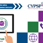 Cover graphic for the Southern Area Locality Planning Groups newsletter, Issue 169, dated 23 July 2026. The CYPSP (Children & Young People’s Strategic Partnership) logo appears at the top beside a blue banner reading “Southern Area Locality Planning Groups”. An illustration of two hands holding a tablet displays the “FYI – For Your Information” logo. On the right, a grid of blue, green, purple and white squares contains icons representing email, telephone, website, and user information. The issue number and date are shown at the bottom left.