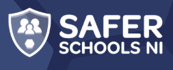 Safer Schools NI logo displayed on a dark blue background. A white shield icon containing simplified figures appears to the left of the text “SAFER SCHOOLS NI” in bold white capital letters.