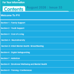 Cover page of the “FYI – For Your Information” newsletter for August 2026, Issue 33. The page has a blue background with the FYI logo at the top left and logos for the Western Health and Social Care Trust and CYPSP at the top right. A contents list highlights: Welcome to FYI; Section 1 Family Support; Section 2 Youth Support; Section 3 Cost of Living; Section 4 Neurodiversity; Section 5 Infant Mental Health/Breastfeeding; Section 6 Digital Safeguarding; Section 7 Addiction; Section 8 Emotional Wellbeing and Mental Health; Section 9 Training/Conferences; Section 10 Western Sure Start Projects and Family Support Hubs; Section 11 Useful Links and Informative Media Links; and Section 12 UNCRC in Action.