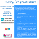 Poster titled "Autism Awareness: Training for Practitioners". The online training takes place on Thursday 8 October 2026, 10:00am to 12:30pm. Closing date for applications is Wednesday 23 September 2026. The session, delivered by the Autism Services team, is aimed at professionals working with a child or parent who has a confirmed autism diagnosis, is waiting for assessment, or may be on the autism spectrum. Topics include understanding how autistic children and young people perceive the world and learn, identifying strengths, understanding challenges in learning, social interaction and communication, and applying supportive strategies. Logos for the Southern Health and Social Care Trust, Autism Awareness, and the Promoting Wellbeing Division are displayed. An application link is provided: https://forms.cloud.microsoft/e/7jCHaVX7cm.