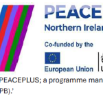 PEACEPLUS Northern Ireland–Ireland logo featuring multicoloured diagonal stripes and the text “PEACEPLUS Northern Ireland - Ireland”. Below are the European Union and UK Government logos with the wording “Co-funded by the European Union” and “UK Government”. Caption text reads: “A project supported by PEACEPLUS; a programme managed by the Special EU Programmes Body (SEUPB).”