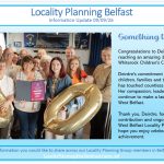 CYPSP Belfast Locality Planning information update dated 09/09/26. The graphic features CYPSP and Belfast Health and Social Care Trust logos at the top. A group photograph shows several people gathered indoors holding large gold number balloons forming “30” and a framed recognition certificate. Alongside the photograph, text congratulates Deirdre Walsh on reaching 30 years of service at Whiterock Children's Centre, recognising dedication to supporting children, families and the wider community in West Belfast. The message thanks Deirdre for contributions to the West Belfast Locality Planning Group and wishes enjoyment in celebrating this achievement. A contact email for sharing information with Belfast Locality Planning Group members appears at the bottom: LocalityPlanning@belfasttrust.hscni.net.