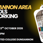 Promotional graphic for the Dungannon Area Schools Networking Event. Large white and yellow text on a black background announces: “Dungannon Area Schools Networking Event”. Event details include Friday 23rd October 2026, 2pm to 5pm, and Integrated College Dungannon, shown alongside calendar, clock and location icons. On the right, a tilted notepad-style photo frame contains an image of people gathered at information stalls in a school hall or gymnasium. Yellow accents and a soft yellow glow highlight the design.