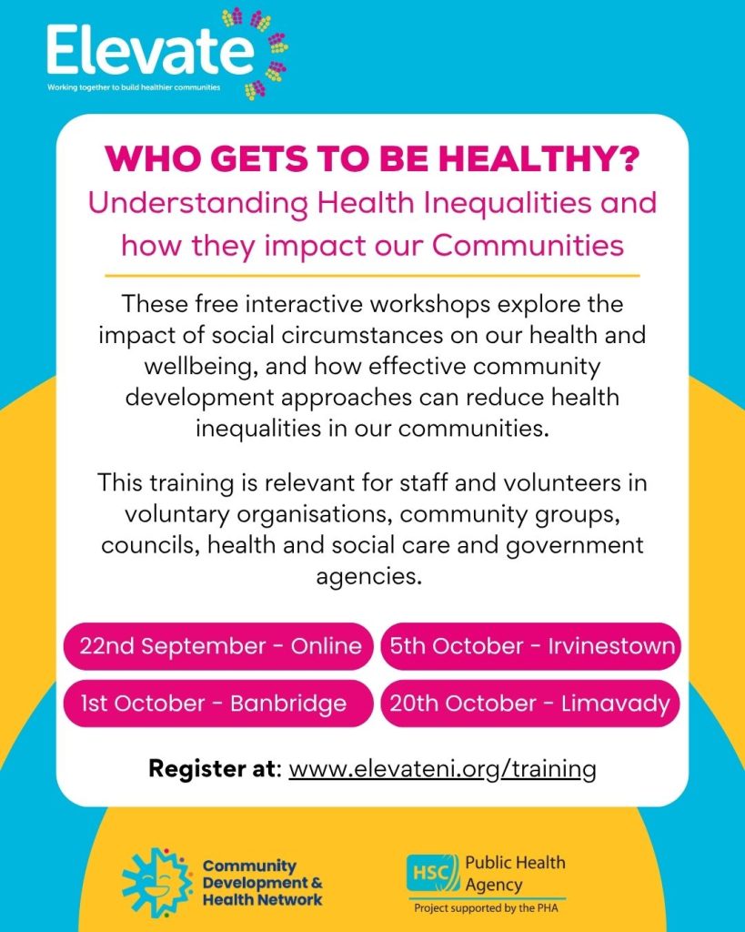 Promotional flyer for Elevate training workshops on health inequalities, titled “Who Gets to Be Healthy? Understanding Health Inequalities and How They Impact Our Communities,” with dates for online and in-person sessions in September and October and a registration link.
