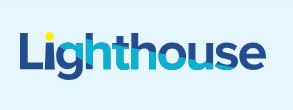 Logo for Lighthouse featuring the word “Lighthouse” in a modern sans-serif font. The text is primarily dark blue, with the letters “ghth” highlighted in turquoise blue. A small yellow dot appears above the lowercase “i”. The logo is displayed against a pale blue background.