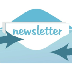 Illustration of a light blue envelope containing a newsletter, with the word “newsletter” displayed on a document and two curved arrows around the envelope, symbolising the distribution or circulation of newsletter updates.