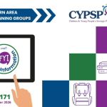 Southern Area Locality Planning Groups FYI newsletter cover. The page includes the CYPSP (Children & Young People's Strategic Partnership) logo, a tablet held by illustrated hands displaying an 'FYI For Your Information' logo, and colourful blue, green and purple blocks containing education-themed icons including a pencil, books, backpack and paint palette. Text reads 'Issue 171' and '3rd September 2026'