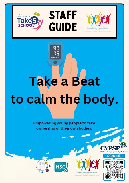 Cover of the Take a Beat booklet. The page features the title 'Take a Beat to calm the body' and explains that the resource is designed to empower young people to take ownership of their own bodies through self-regulation and wellbeing activities