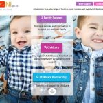 Screenshot of the Family Support NI website homepage showing a large banner image of two young children lying on a patterned blanket. Three prominent navigation panels are displayed: “Family Support”, “Childcare”, and “Childcare Partnership”. The page includes the Family Support NI logo and information about family support services and registered childcare in Northern Ireland.